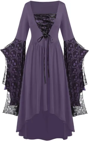 Womens Goth Gothic Dress Mesh 3/4 Dolman Bell Sleeve Medieval Grunge Dress Square Neck Maxi Long Dresses for Women 2025