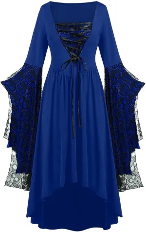 Womens Goth Gothic Dress Mesh 3/4 Dolman Bell Sleeve Medieval Grunge Dress Square Neck Maxi Long Dresses for Women 2025