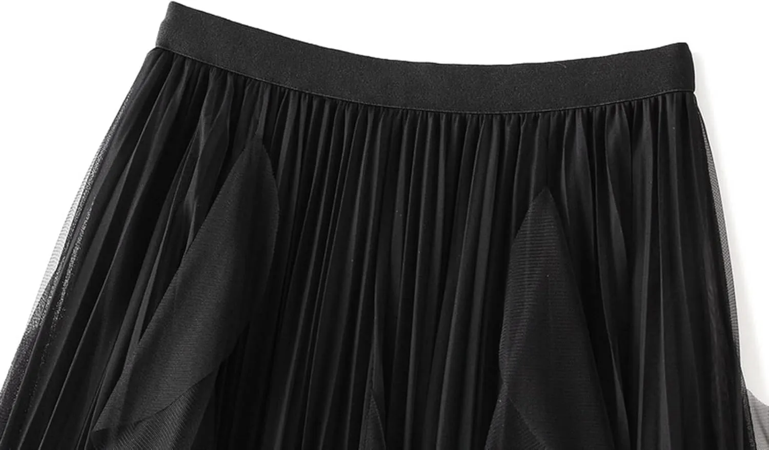 Women's High Waist Elastic Elegant Mesh Tulle Flowy Tea Length Pleated Maxi Skirt