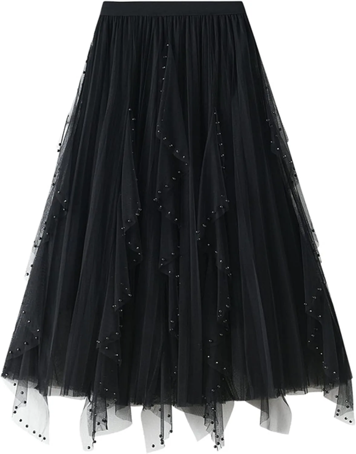 Women's High Waist Elastic Elegant Mesh Tulle Flowy Tea Length Pleated Maxi Skirt