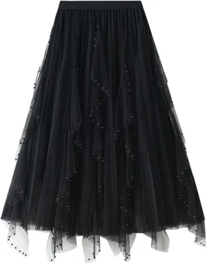 Women's High Waist Elastic Elegant Mesh Tulle Flowy Tea Length Pleated Maxi Skirt