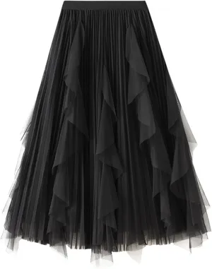 Women's High Waist Elastic Elegant Mesh Tulle Flowy Tea Length Pleated Maxi Skirt