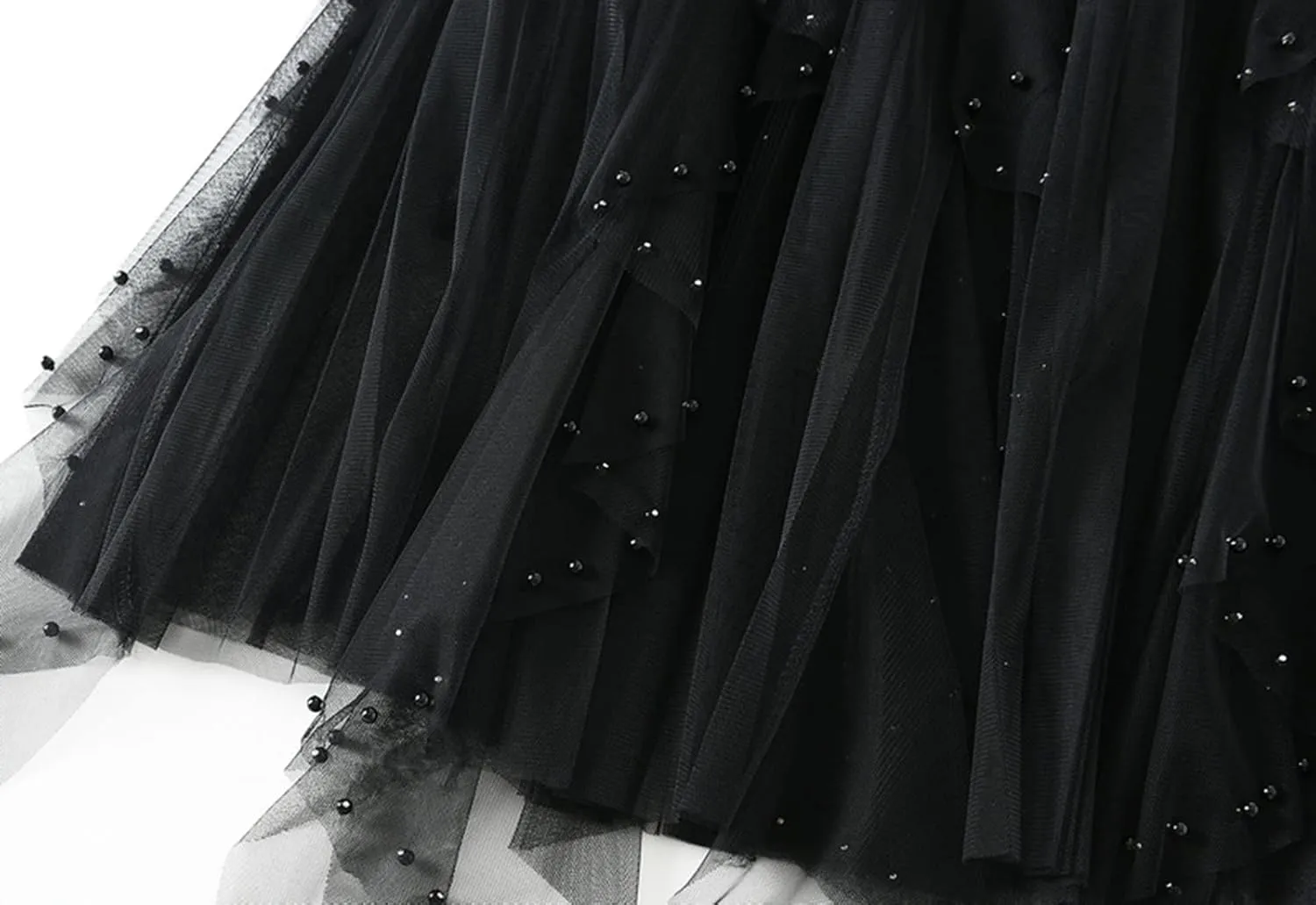 Women's High Waist Elastic Elegant Mesh Tulle Flowy Tea Length Pleated Maxi Skirt
