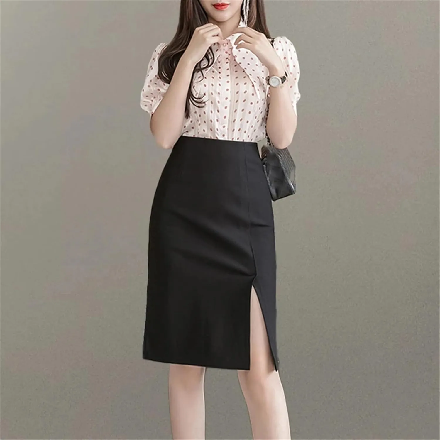 Women's High Waist Pencil Skirt  All-Match Slim Fit Vintage Casual Work Skirt with Slit Bodycon Midi Skirts Office
