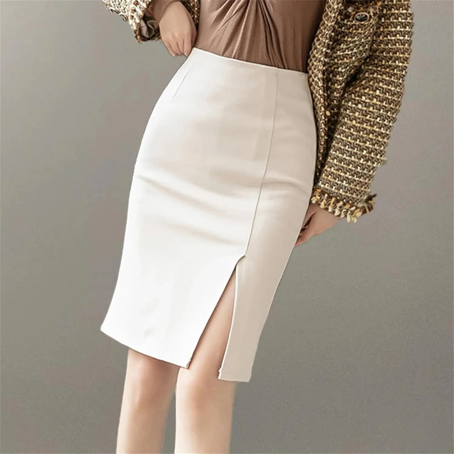 Women's High Waist Pencil Skirt  All-Match Slim Fit Vintage Casual Work Skirt with Slit Bodycon Midi Skirts Office
