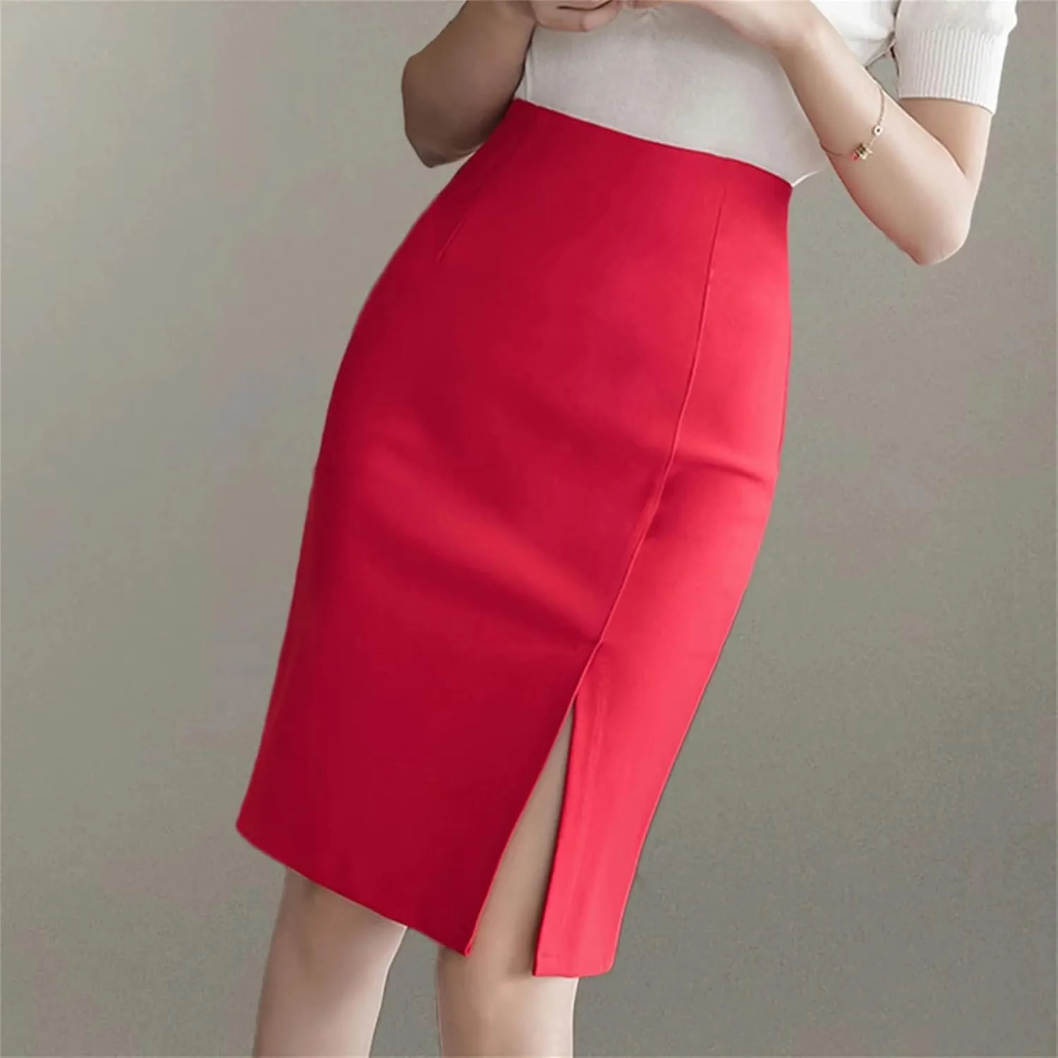Women's High Waist Pencil Skirt  All-Match Slim Fit Vintage Casual Work Skirt with Slit Bodycon Midi Skirts Office