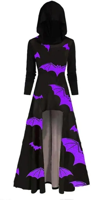 Womens Hoodies Cloak Halloween Vintage Printed Punk Style Long Sleeve Plus Size Hooded Blouse Midi Shirts Dress