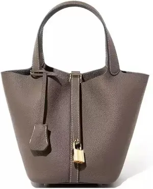 Women's Leather Bucket Bag Old Trend Lychee Drawstring Soft Basket Tote Bag