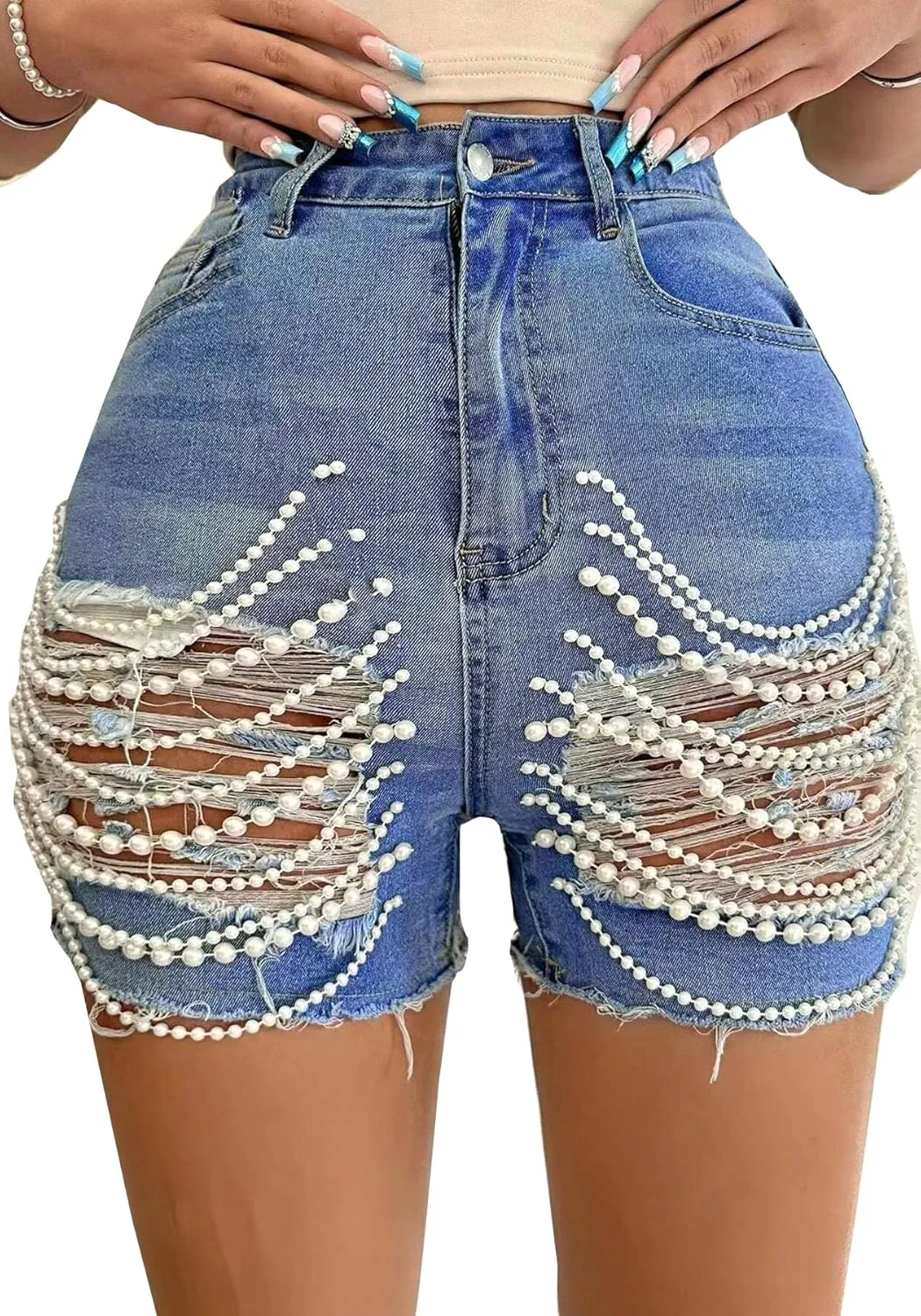Women's Pearls Chain Denim Shorts Ripped Distressed Jean Shorts with Pockets