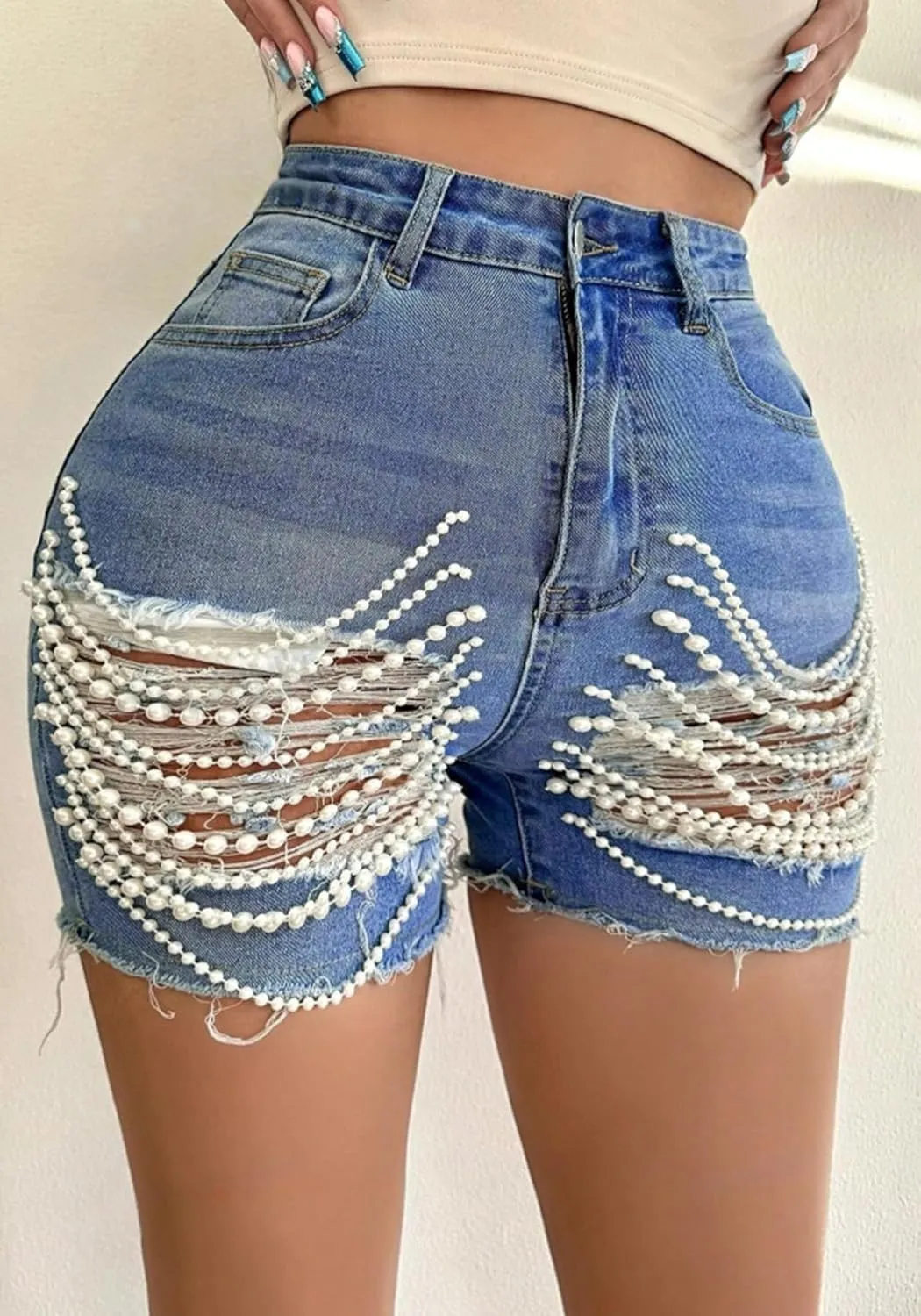 Women's Pearls Chain Denim Shorts Ripped Distressed Jean Shorts with Pockets