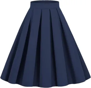 Women's Pleated Flared Skirt Solid Color Midi Skirts High Waist A-Line Skater Skirt
