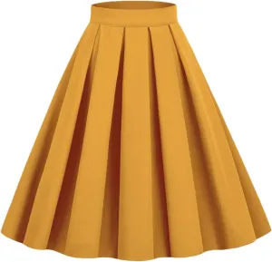 Women's Pleated Flared Skirt Solid Color Midi Skirts High Waist A-Line Skater Skirt