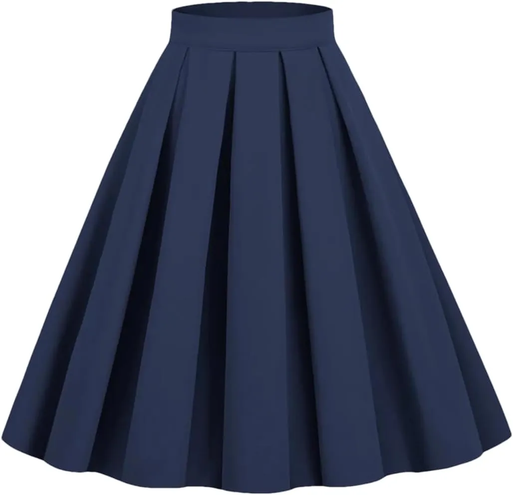 Women's Pleated Flared Skirt Solid Color Midi Skirts High Waist A-Line Skater Skirt