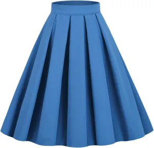 Women's Pleated Flared Skirt Solid Color Midi Skirts High Waist A-Line Skater Skirt