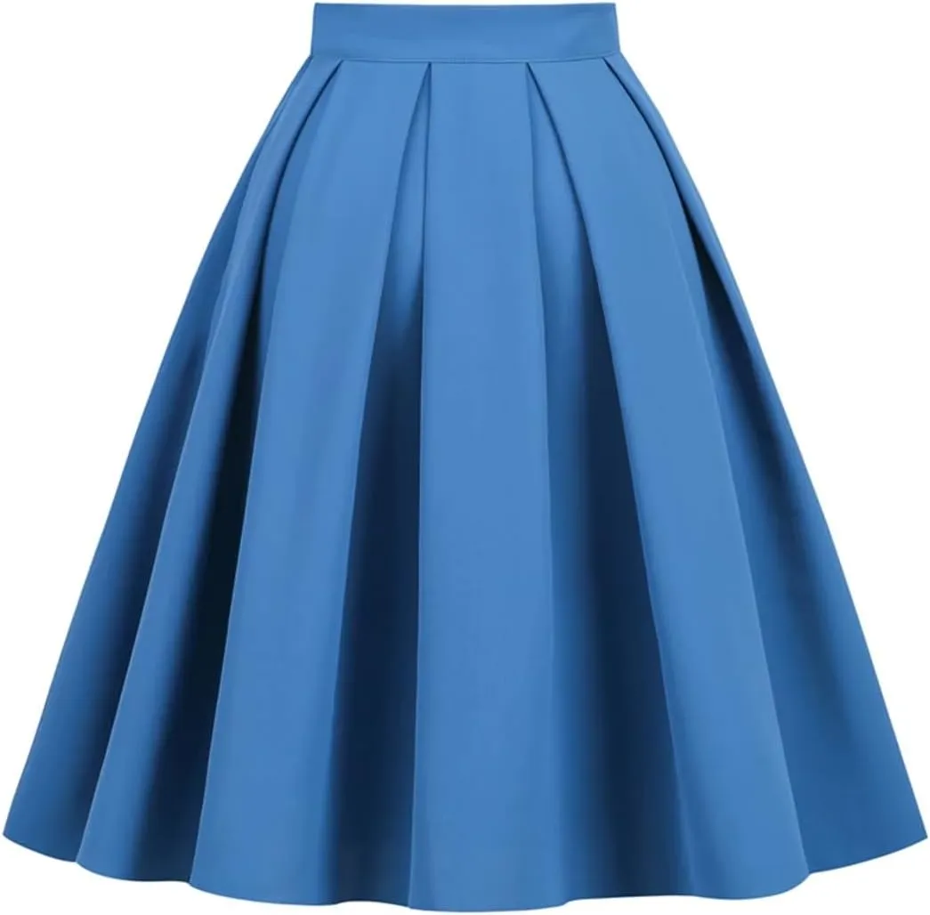 Women's Pleated Flared Skirt Solid Color Midi Skirts High Waist A-Line Skater Skirt