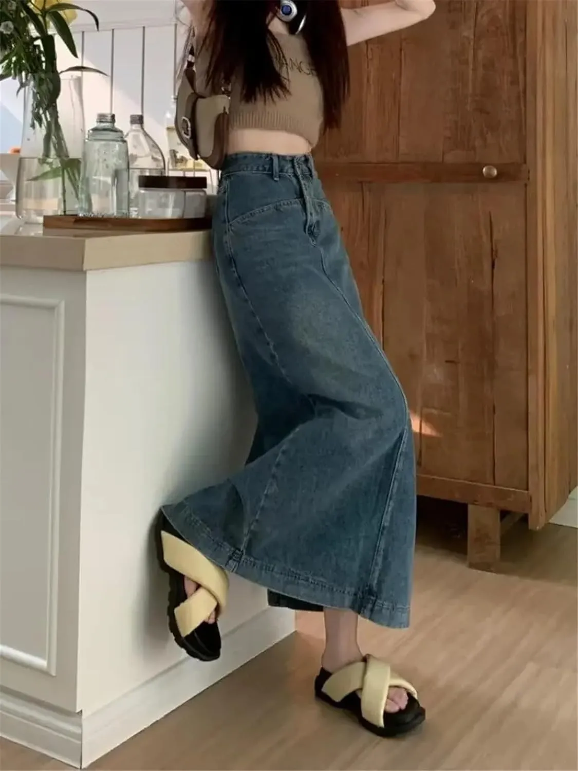 Women's Plus Size Denim Skirt High-Waisted Slimming Design Sensibility Side Slit A- Line Long Dress