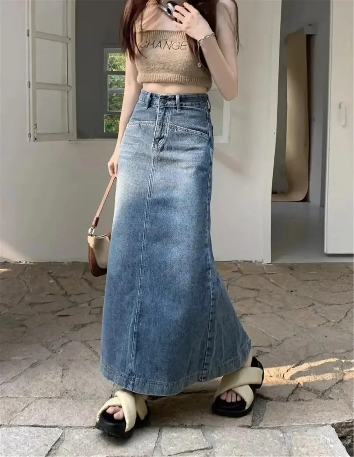 Women's Plus Size Denim Skirt High-Waisted Slimming Design Sensibility Side Slit A- Line Long Dress