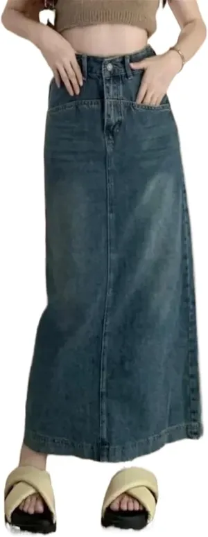 Women's Plus Size Denim Skirt High-Waisted Slimming Design Sensibility Side Slit A- Line Long Dress