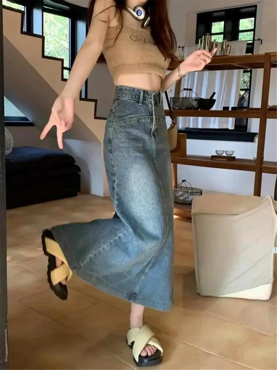 Women's Plus Size Denim Skirt High-Waisted Slimming Design Sensibility Side Slit A- Line Long Dress