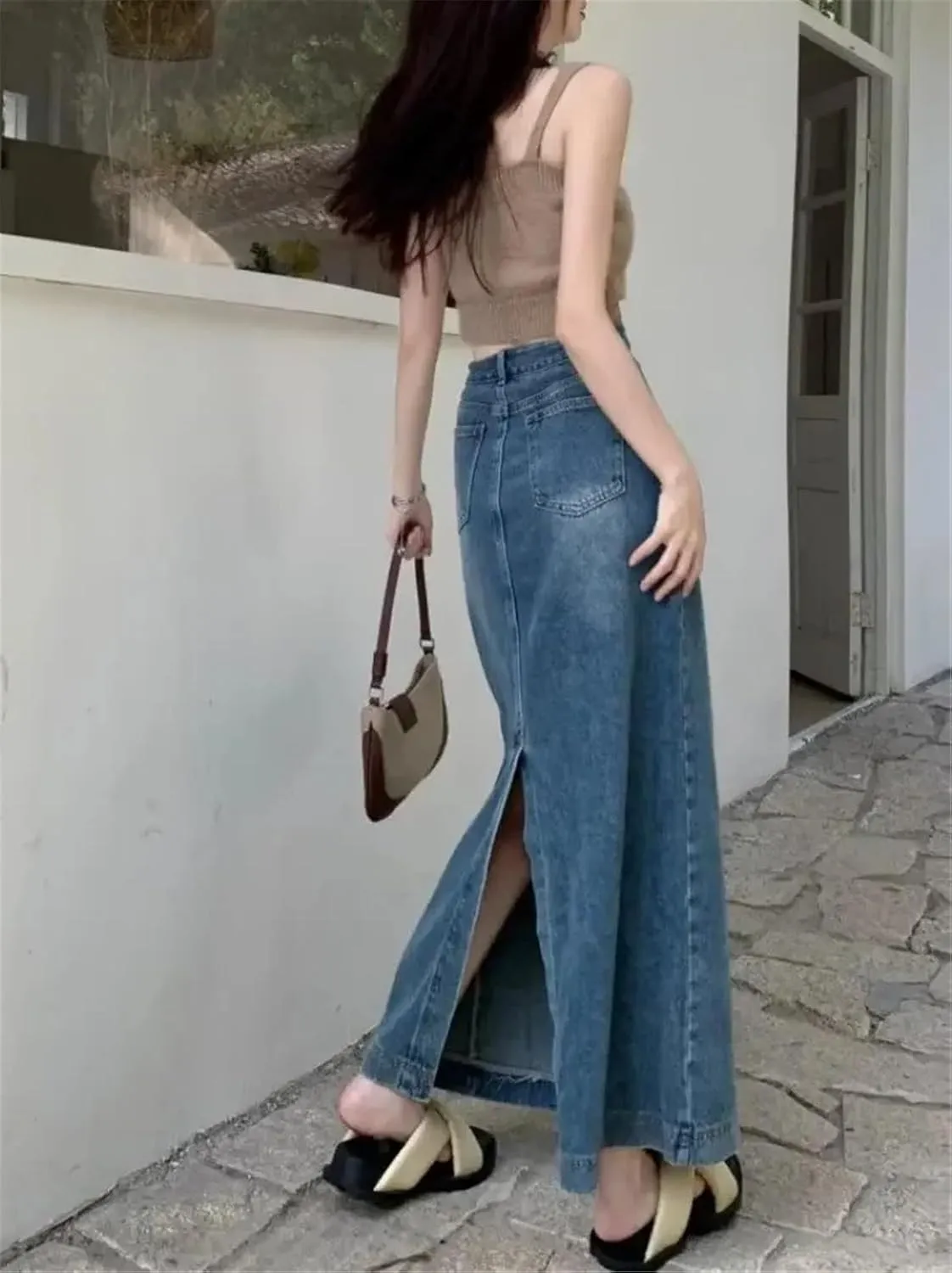 Women's Plus Size Denim Skirt High-Waisted Slimming Design Sensibility Side Slit A- Line Long Dress