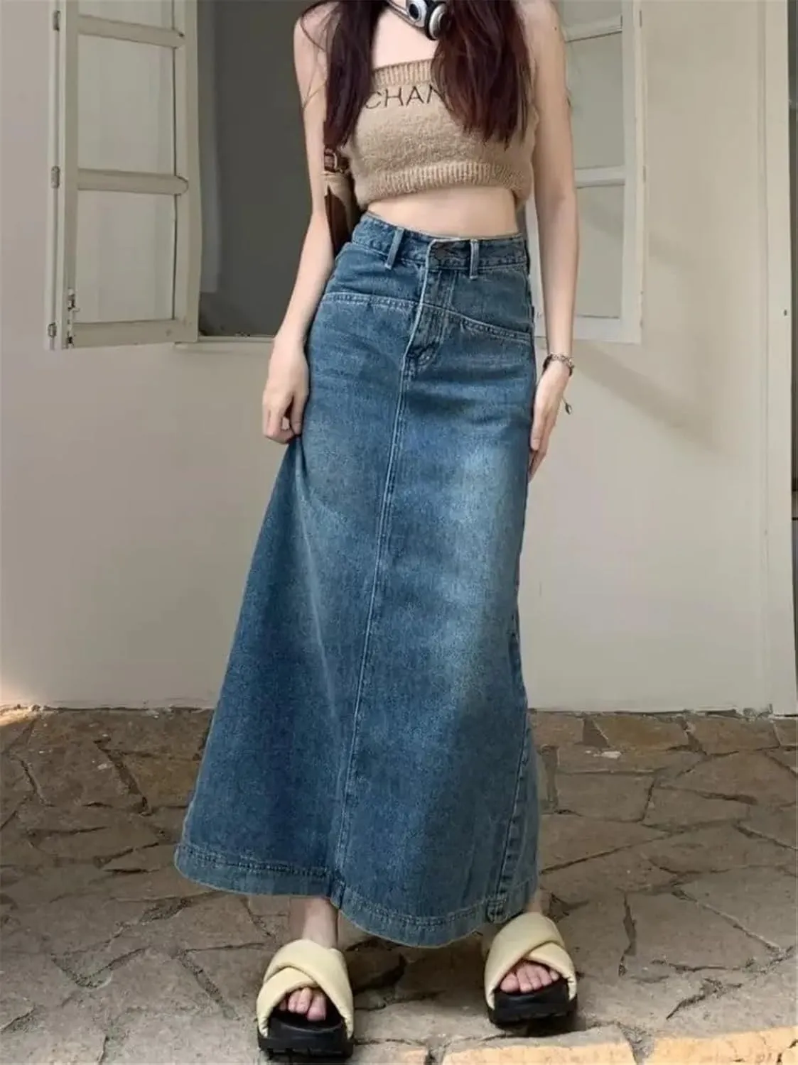 Women's Plus Size Denim Skirt High-Waisted Slimming Design Sensibility Side Slit A- Line Long Dress
