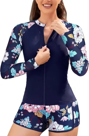 Women's Rash Guard Sets Zipper Long Sleeve Swimsuit Top Swim Shirt Board Shorts Bathing Suits Swimwear