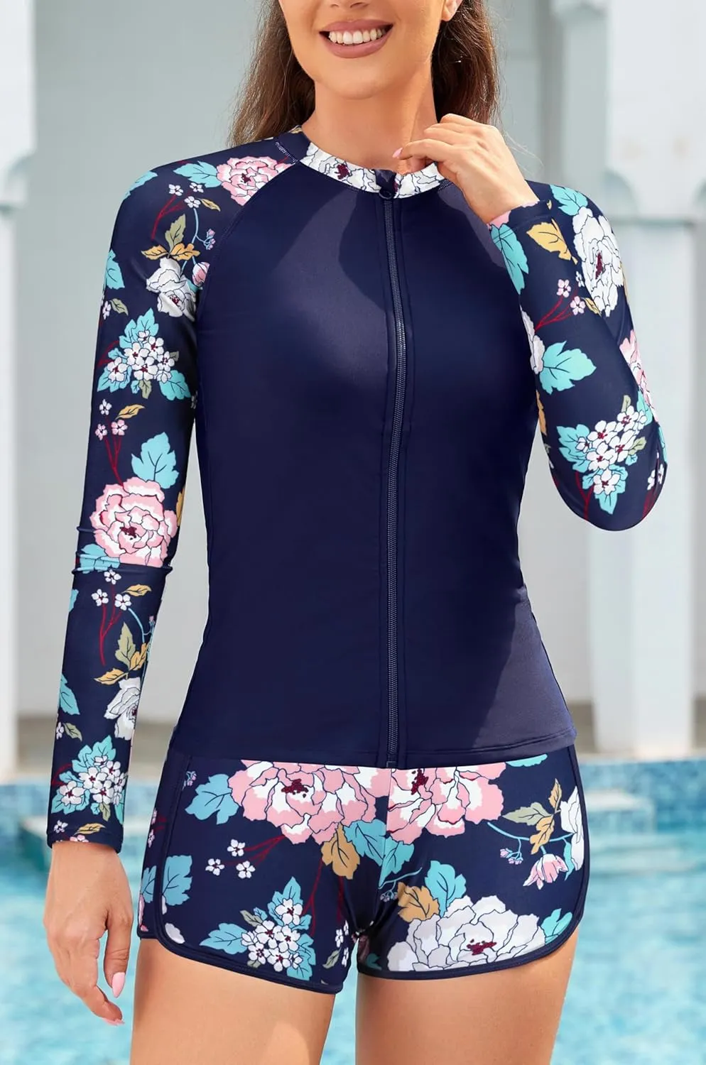Women's Rash Guard Sets Zipper Long Sleeve Swimsuit Top Swim Shirt Board Shorts Bathing Suits Swimwear