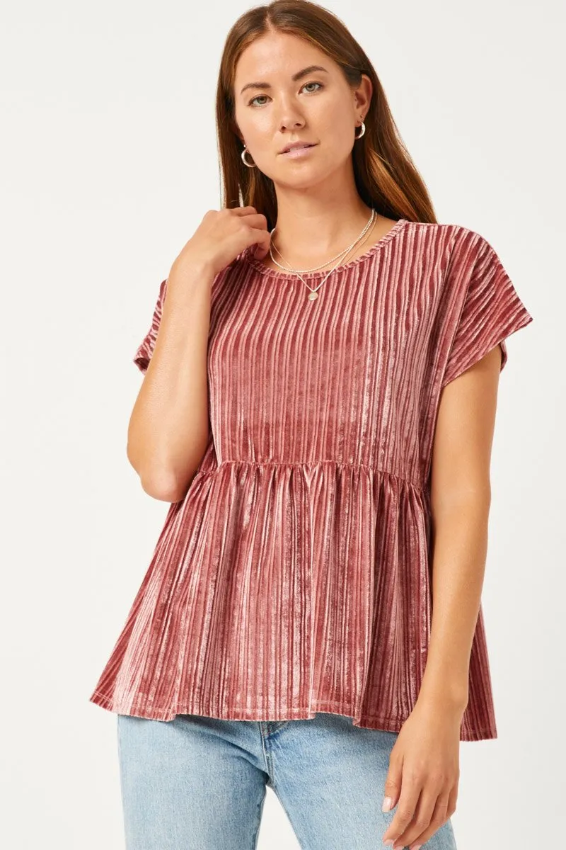 Womens Ribbed Velvet Round Neck Top