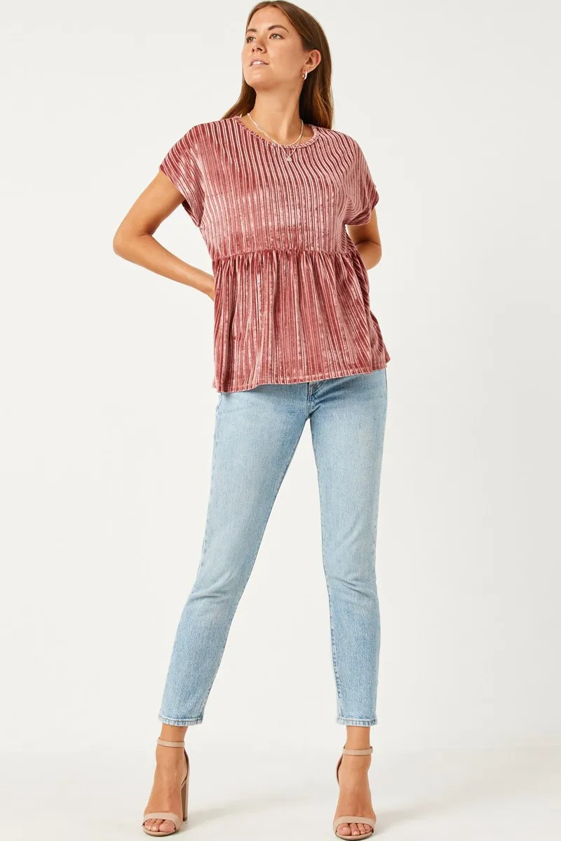 Womens Ribbed Velvet Round Neck Top