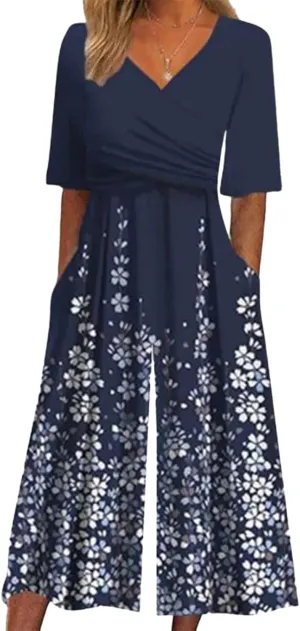 Women's Solid Jumpsuits 2025 Spring Outfits Half Sleeve Elegant V Neck and Wide Leg Pants Rompers with Side Pockets
