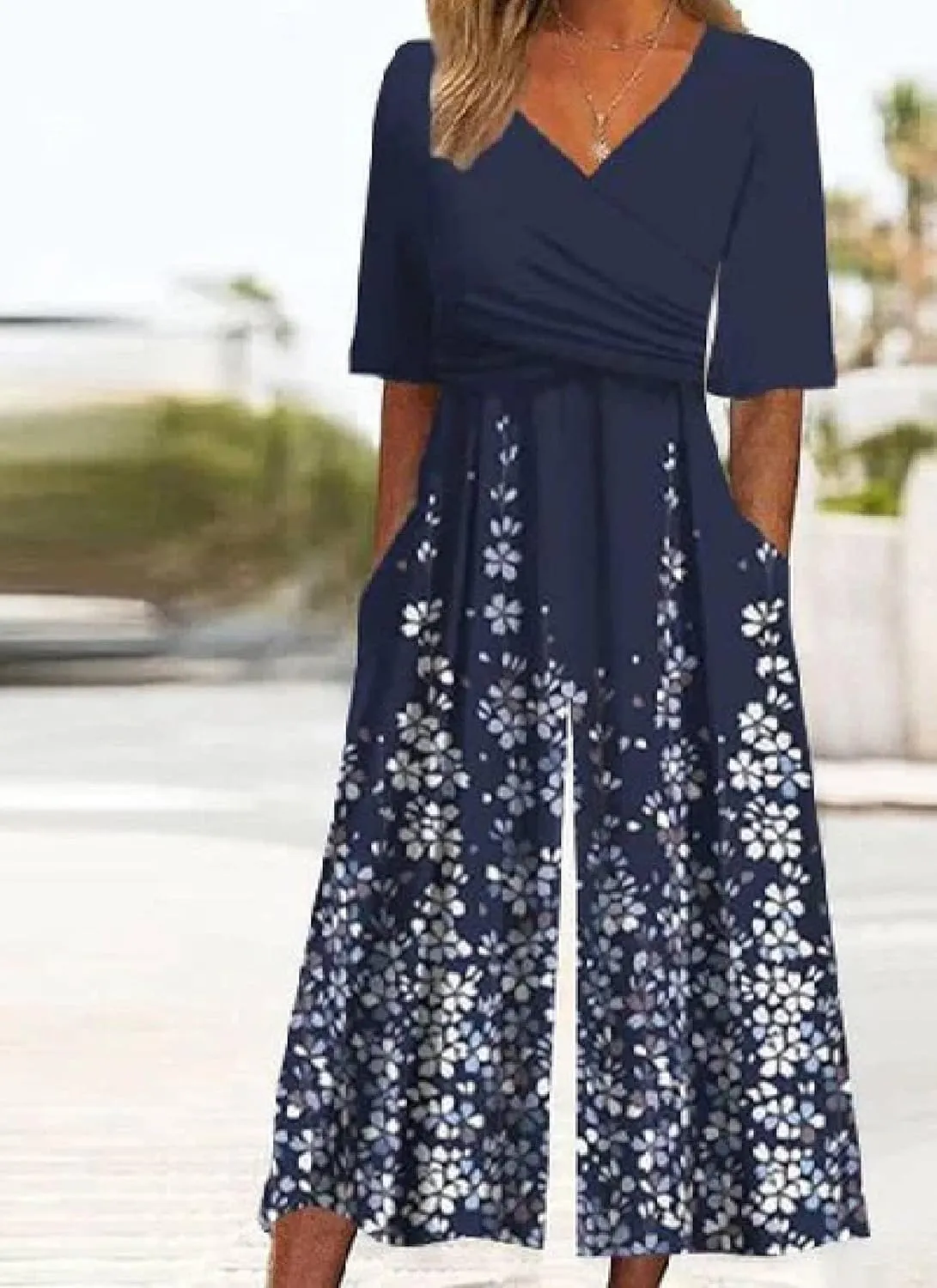 Women's Solid Jumpsuits 2025 Spring Outfits Half Sleeve Elegant V Neck and Wide Leg Pants Rompers with Side Pockets