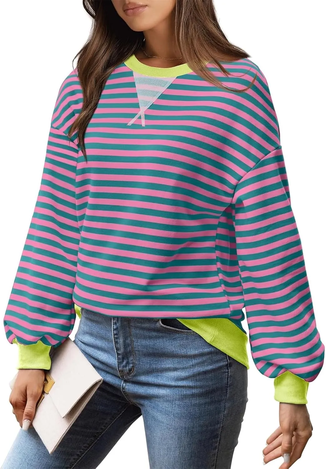 Women's Striped Oversized Sweatshirt Long Sleeve Crewneck Hoodies Shirts 2024 Y2k Casual Colorblock Pullover Top