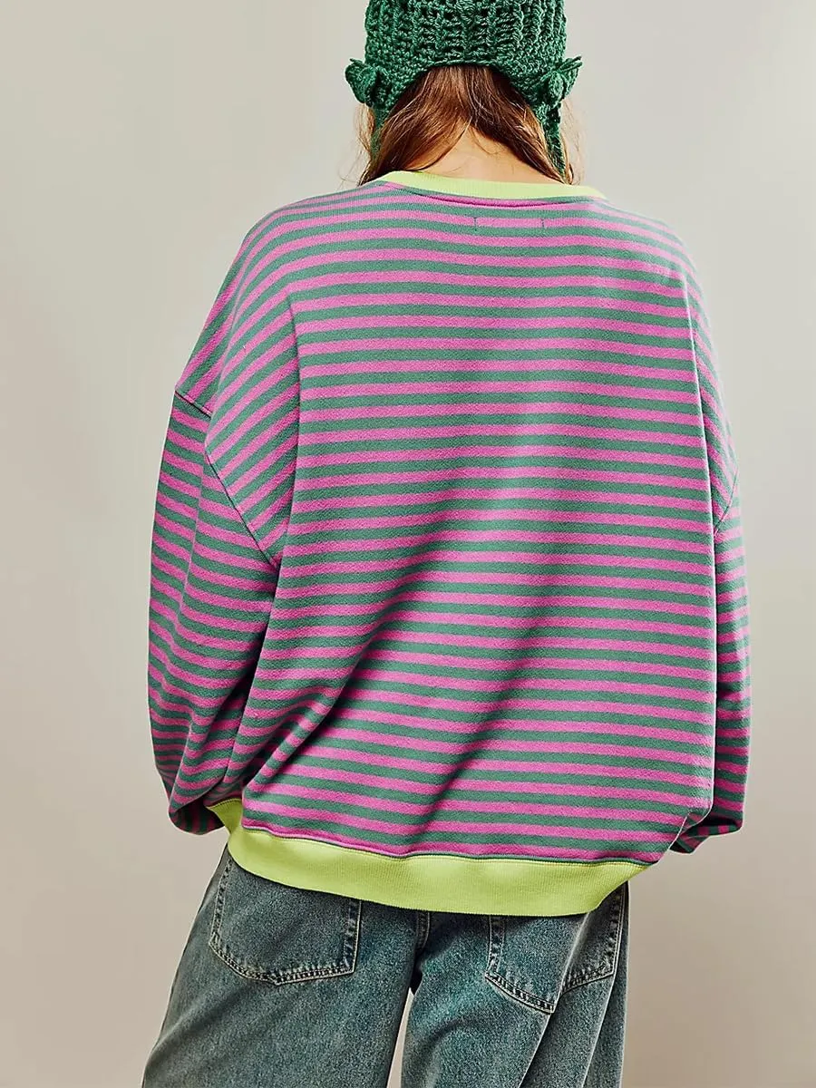 Women's Striped Oversized Sweatshirt Long Sleeve Crewneck Hoodies Shirts 2024 Y2k Casual Colorblock Pullover Top