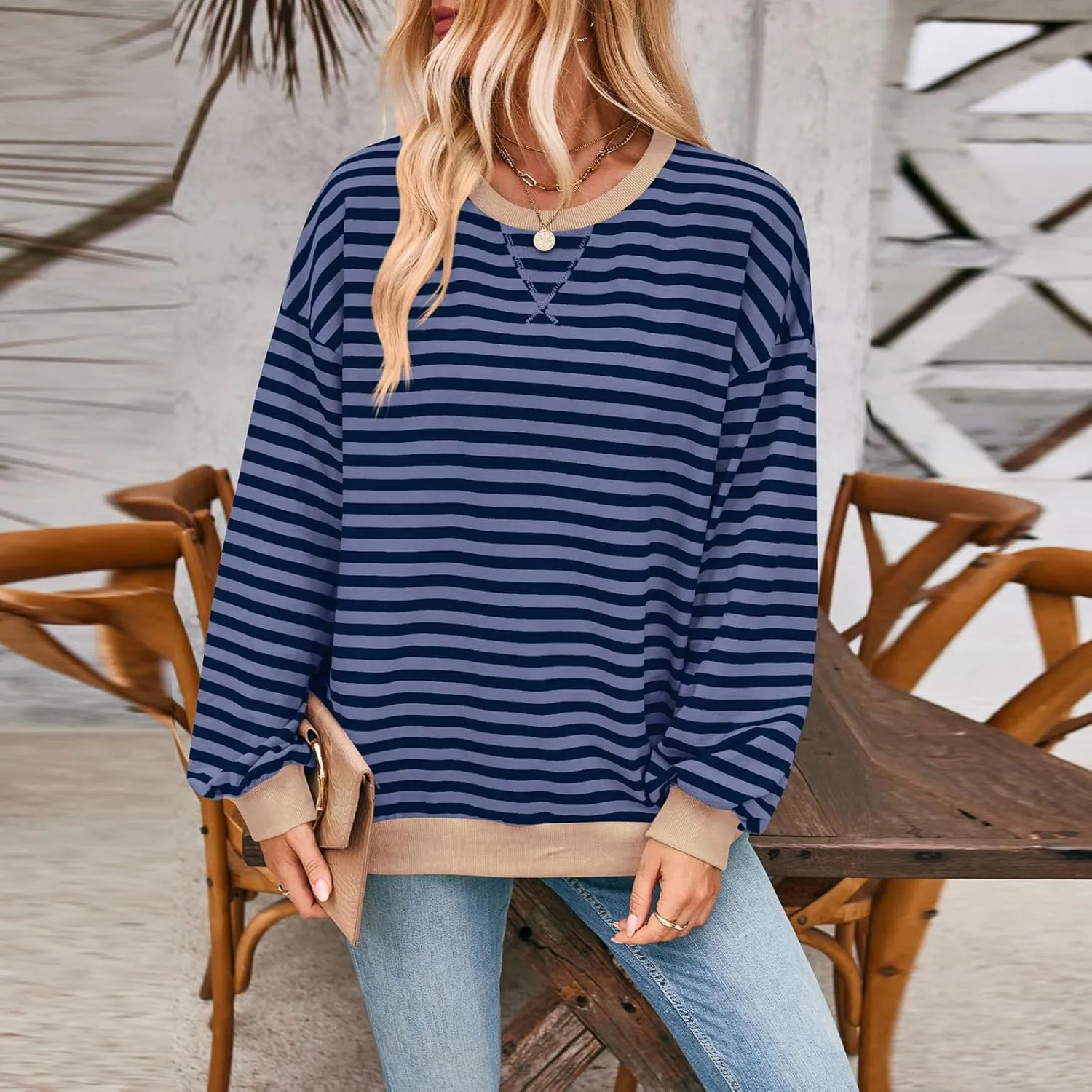 Women's Striped Oversized Sweatshirt Long Sleeve Crewneck Hoodies Shirts 2024 Y2k Casual Colorblock Pullover Top