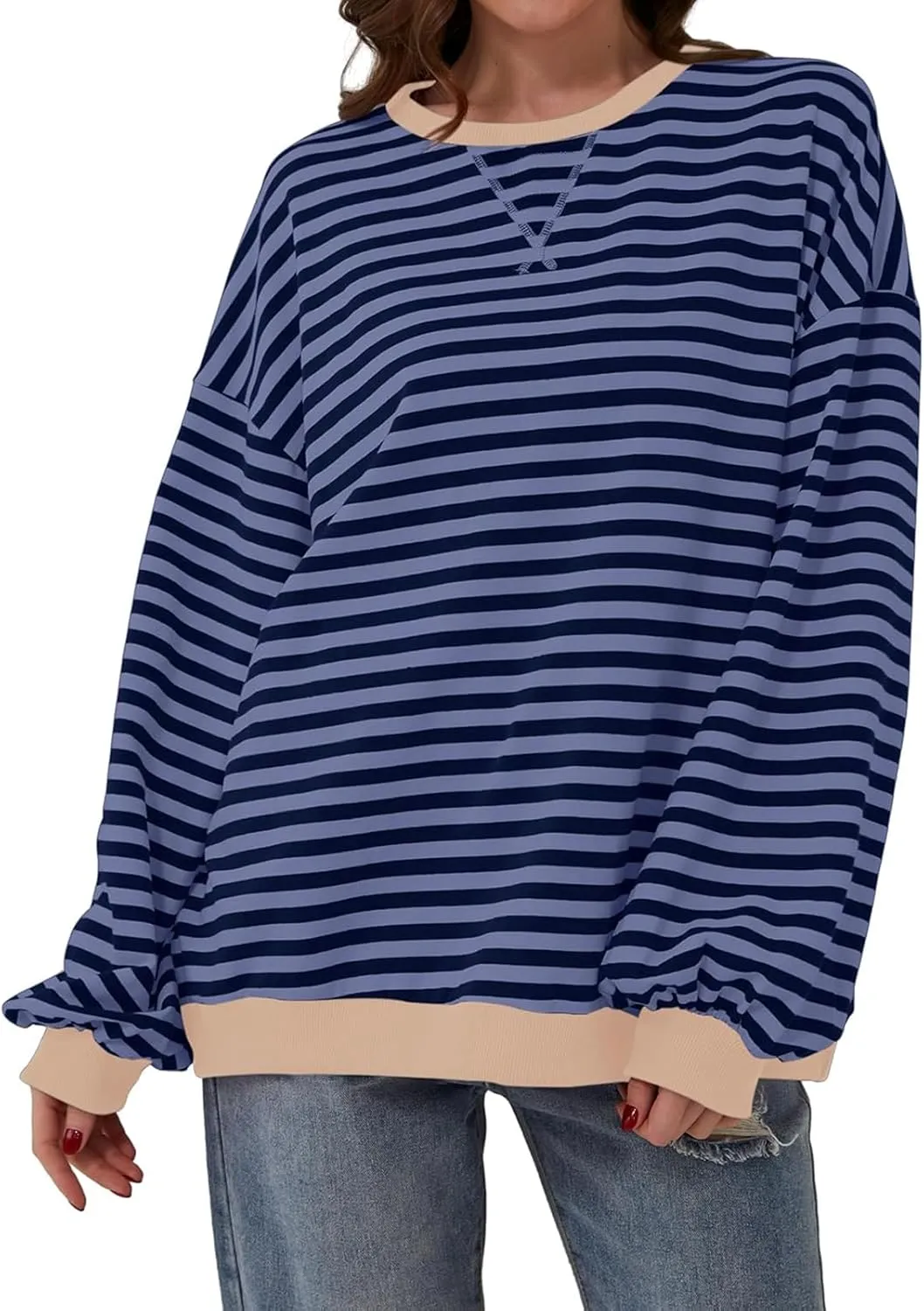 Women's Striped Oversized Sweatshirt Long Sleeve Crewneck Hoodies Shirts 2024 Y2k Casual Colorblock Pullover Top