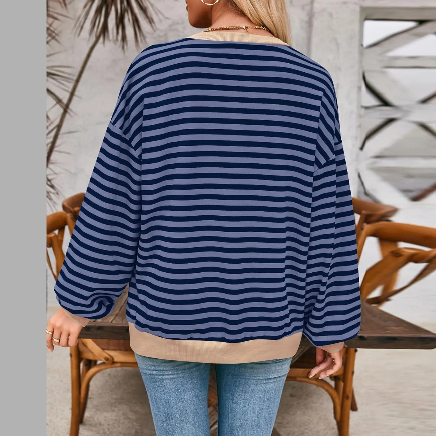 Women's Striped Oversized Sweatshirt Long Sleeve Crewneck Hoodies Shirts 2024 Y2k Casual Colorblock Pullover Top