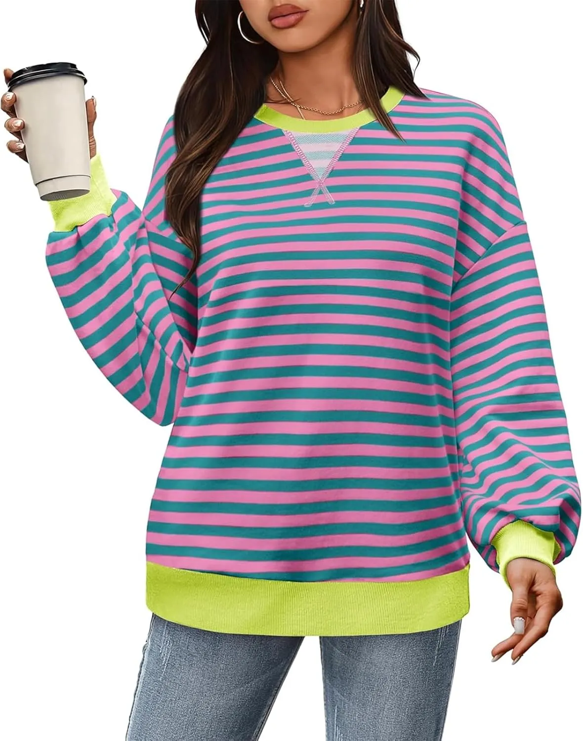 Women's Striped Oversized Sweatshirt Long Sleeve Crewneck Hoodies Shirts 2024 Y2k Casual Colorblock Pullover Top