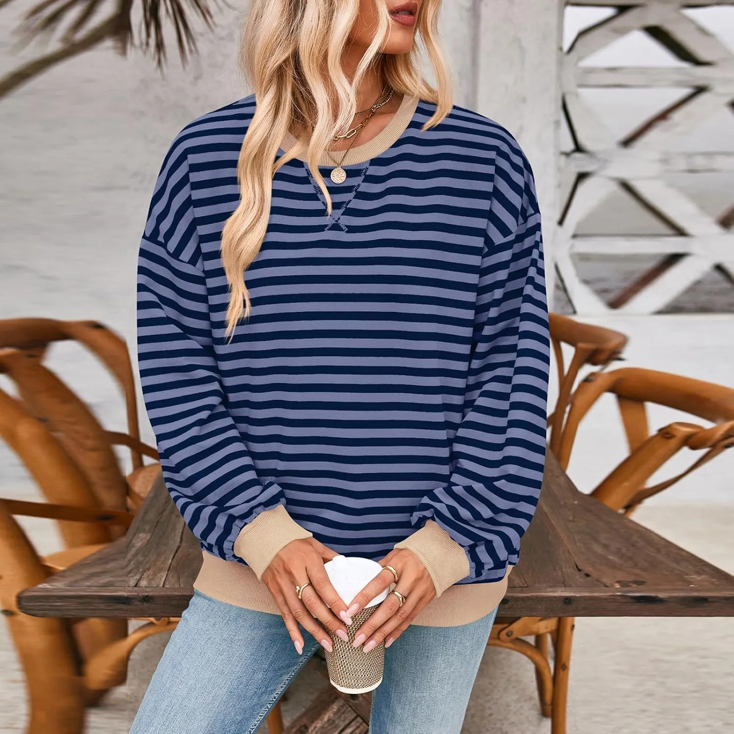 Women's Striped Oversized Sweatshirt Long Sleeve Crewneck Hoodies Shirts 2024 Y2k Casual Colorblock Pullover Top