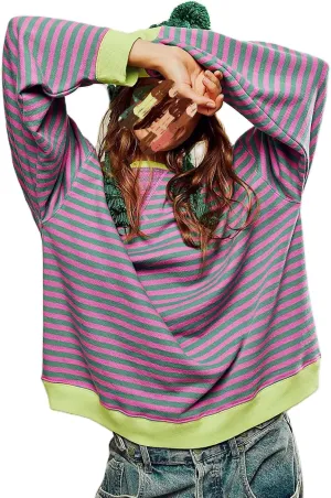 Women's Striped Oversized Sweatshirt Long Sleeve Crewneck Hoodies Shirts 2024 Y2k Casual Colorblock Pullover Top