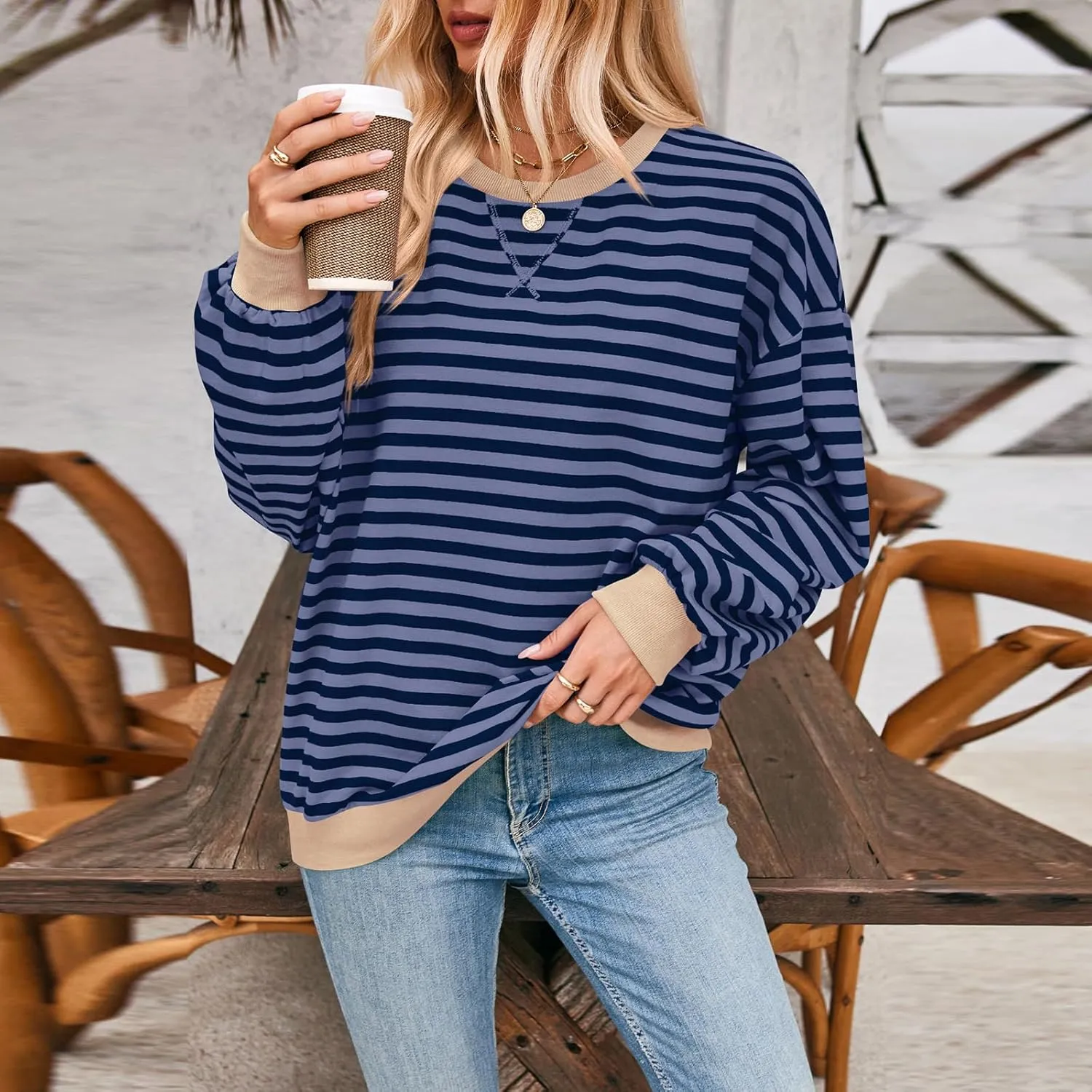 Women's Striped Oversized Sweatshirt Long Sleeve Crewneck Hoodies Shirts 2024 Y2k Casual Colorblock Pullover Top