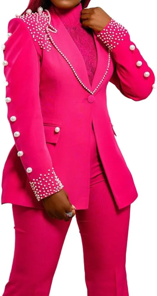 Womens Suit Sets Elegant Pearls Mother of The Bride Dresses Vintage One Button Pocket Blazer Flare Pants Prom Party