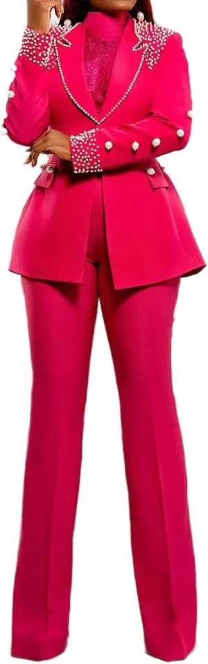 Womens Suit Sets Elegant Pearls Mother of The Bride Dresses Vintage One Button Pocket Blazer Flare Pants Prom Party