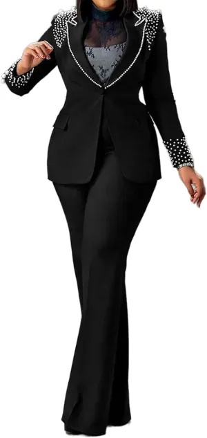 Womens Suit Sets Elegant Pearls Mother of The Bride Dresses Vintage One Button Pocket Blazer Flare Pants Prom Party