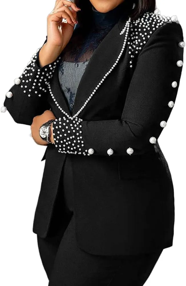 Womens Suit Sets Elegant Pearls Mother of The Bride Dresses Vintage One Button Pocket Blazer Flare Pants Prom Party