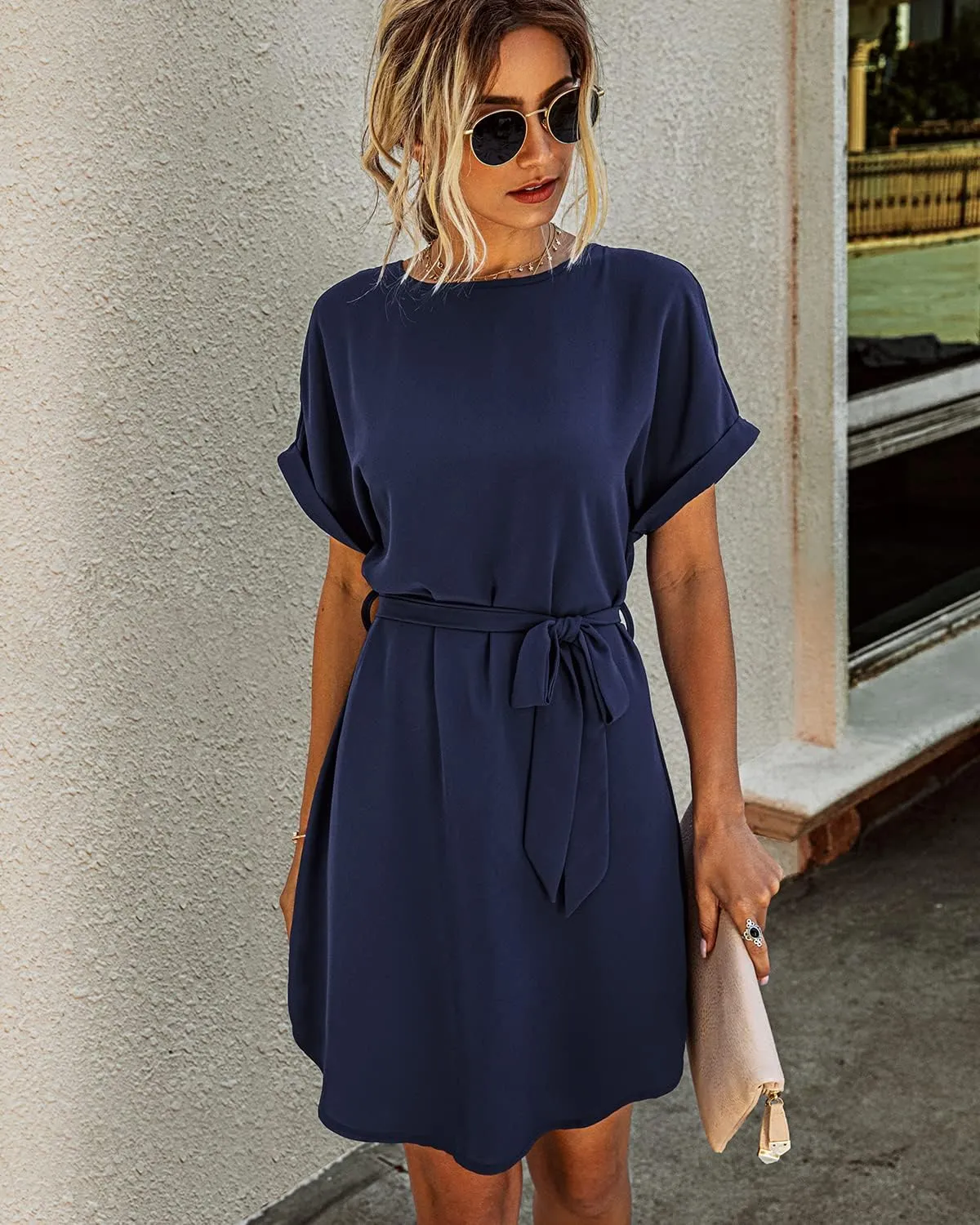 Women's Summer Solid Crew Neck Tunic Sundresses Self-Tie Short Sleeves Mini Dress