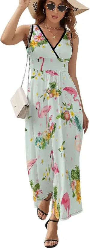 Women's Summer V Neck Sleeveless Flower Maxi Sundress Casual Flowy Beach Tank Dress