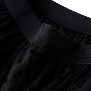 Women's Tulle Skirt Pleated Tutu Skirts Elastic High Waist Elegant Point Floral Printed Mesh Lady A Line Midi Skirt