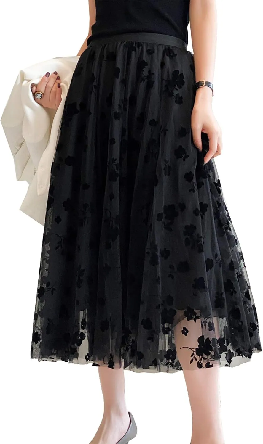 Women's Tulle Skirt Pleated Tutu Skirts Elastic High Waist Elegant Point Floral Printed Mesh Lady A Line Midi Skirt