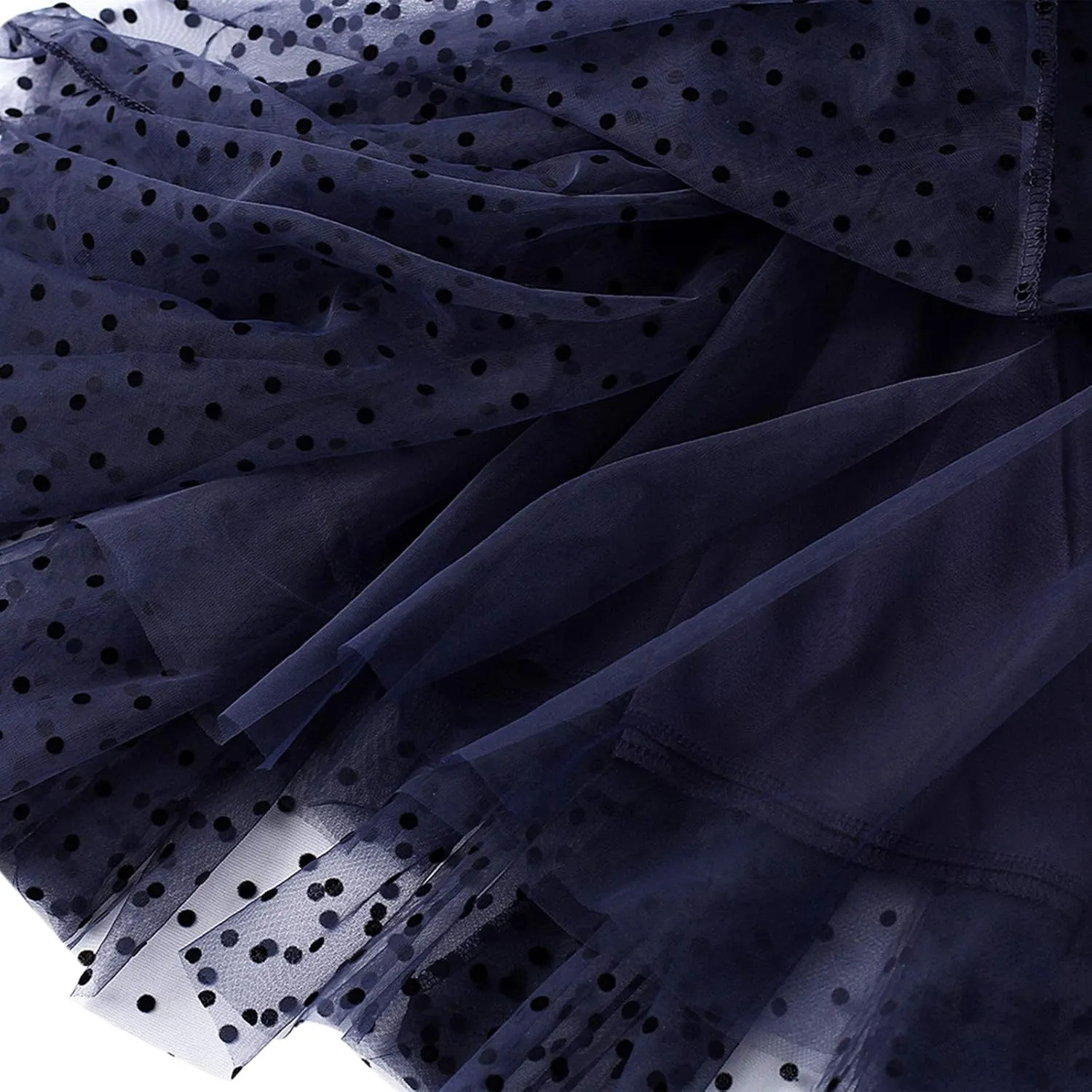 Women's Tulle Skirt Pleated Tutu Skirts Elastic High Waist Elegant Point Floral Printed Mesh Lady A Line Midi Skirt