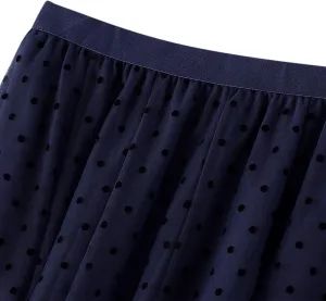 Women's Tulle Skirt Pleated Tutu Skirts Elastic High Waist Elegant Point Floral Printed Mesh Lady A Line Midi Skirt